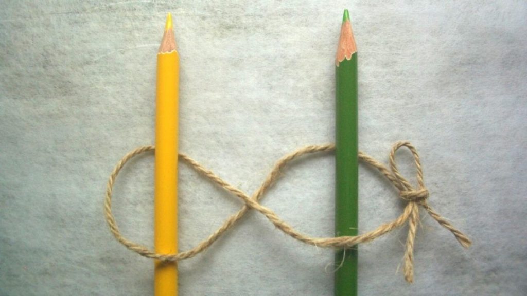 黄色と黄緑の色鉛筆をトマトの茎と支柱に見立てて麻のひもで8の字で固定して「誘引」を説明